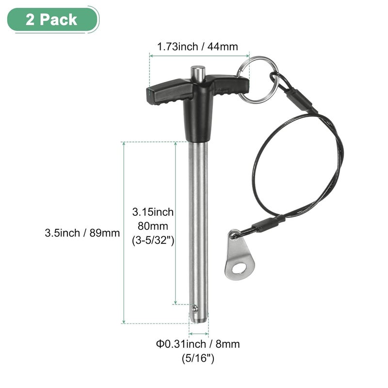 M METERXITY 2-Pack T Handle Lock Pins, 5/16"(8mm) Dia. 3-5/32"(80mm) Usage Length Push-Button Quick Release Locking Pins W Lanyard Cable for Speaker/Aviation/Gym/Machine [304 Stainless Steel] - Image 3